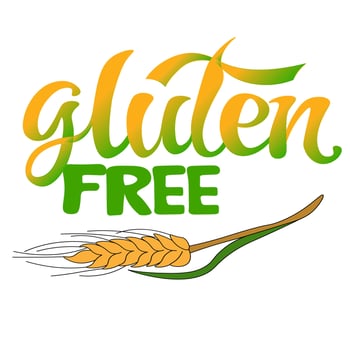 inscription is handwritten GLUTEN FREE with an ear of wheat, barley, healthy cereal crop with gluten content. Vector illustration EPS 10.