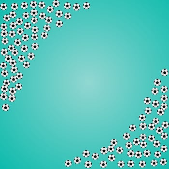 Flying soccer balls confetti corner frame on mint green background with space for text. Football symbol. Sports tournament concept.vector template for cards, banners, posters. vector