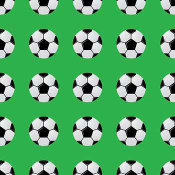 Black and white soccer balls on green seamless pattern. Football vector background. Sport competition theme cartoon style illustration. Easy to edit template for your design projects.