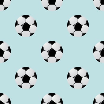 Black and white soccer balls on light blue background. Football seamless pattern. Cartoon sport vector illustration.