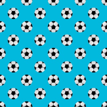 Football seamless pattern. Black and white soccer balls on light blue background. Cartoon sport vector illustration.
