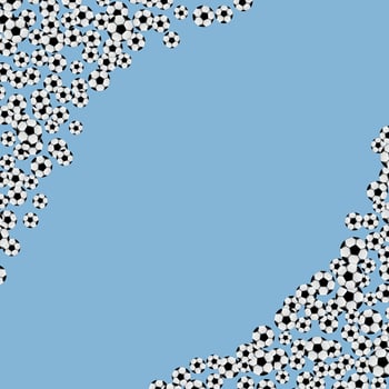Scattered soccer balls frame on blue background with space for text. Football vector illustration. Sports competitions concept.Template for your design projects.