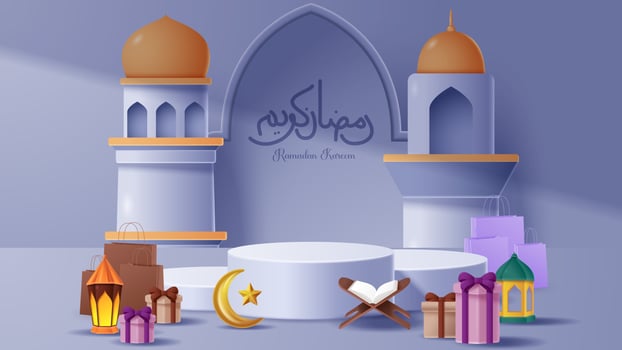 Islamic display podium decoration background with islamic ornament. Vector 3D Illustration