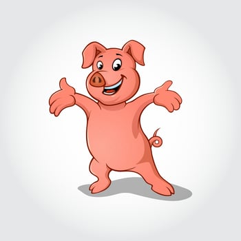 Pig in welcoming gesture. Happy smiling pig cartoon character vector