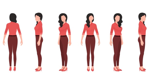 woman in office look, woman in formal shirt and trousers, business character set vector illustration on white background.