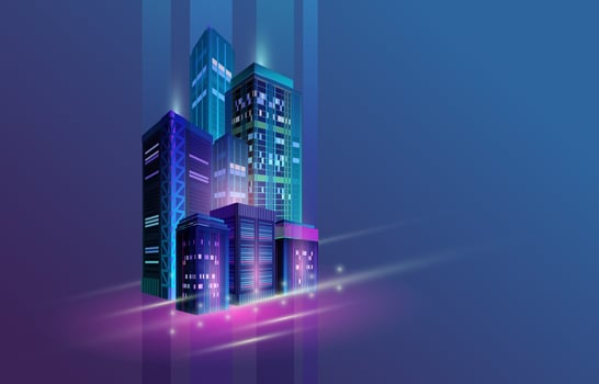 Night City Panorama with Neon Glow on Dark Background. Vector. vector