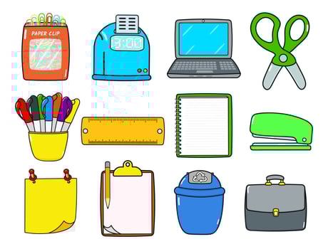 Funny happy work items characters bundle set. Vector hand drawn doodle. Ruler, Trash can, Stapler, Punch clock, Colored pens, Scissors, Laptop, Posted notes, Paper clip, Note pad, Work bag, Clip board