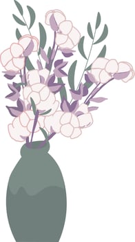 vase with Flowers. branches cotton. bouquet. grass. Postcard. Congratulations on the holiday. wedding invitation design. Delicate flowers. pink. vector eps 10