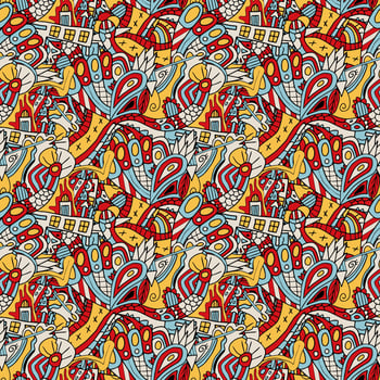 Cute abstract doodle artistic sketch seamless pattern.  Background with crazy messy doodle art with different shapes, curls. Fantasy texture, textile, wrap, fabric. vector