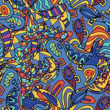 Cute abstract doodle artistic sketch seamless pattern.  Background with crazy messy doodle art with different shapes, curls. Fantasy texture, textile, wrap, fabric. vector