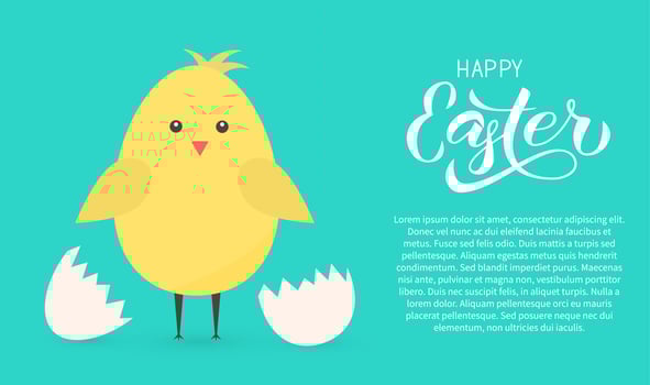 Happy Easter calligraphy hand lettering. Cute cartoon chicken hatched from eggs. Easter celebration vector illustration. Easy to edit template for poster, greeting card, party invitation, banner.