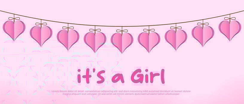 Its a girl. Welcome greeting card for childbirth with hanging hearts. Vector illustration