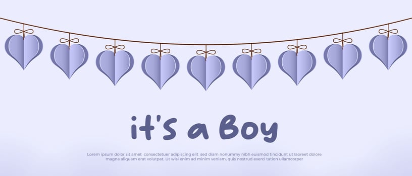 Its a boy. Welcome greeting card for childbirth with hanging hearts. Vector illustration