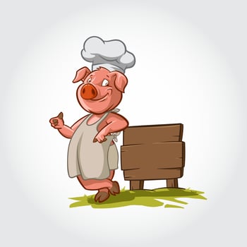 Pig Chef Smilling Mascot Cartoon Character. This pig vector illustration lean next to a wooden plank and give a thumbs up.