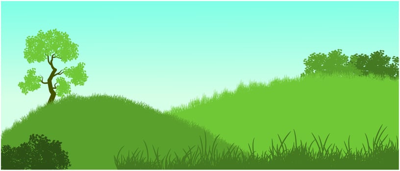 green grass cartoon hills silhouette and summer sky vector