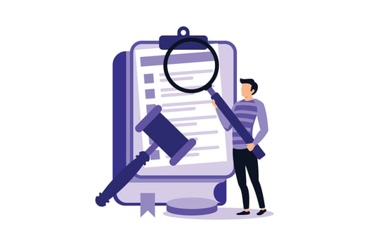 Vector illustration of legal concept and rule of law. Litigation support, legal research, paralegal services, attorney assistant. Judge's decision.
