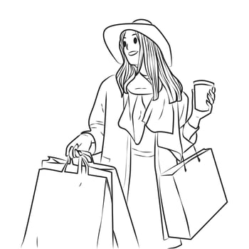 beautiful shopping girl holding bag and cup of tea or coffe line art vector illustration