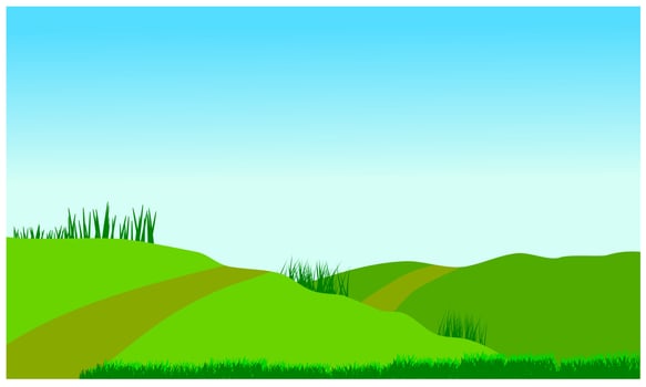 cartoon green hills landscape, meadow and sky background vector