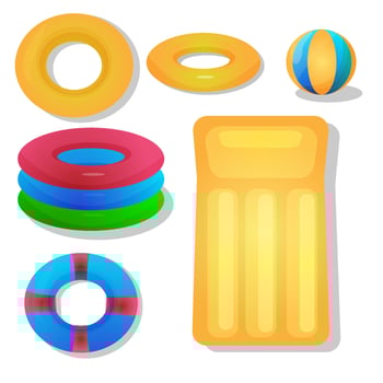 Set of isolated rubber swimming rings. Life saving floating lifebuoy for beach or ship, rescue belt for saving people. Water and beach theme, secure icons. Ball, inflatable mattress, inflatable pool vector