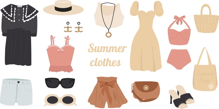 A set of vector illustrations of summer women is fashion clothing. A collection of fashionable clothes for leisure or the beach. Color stylish shoes, dress, hat, sunglasses, swimsuit.