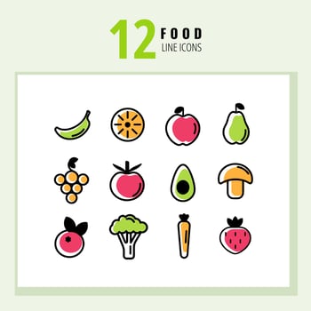 12 trendy color healthy food icons. Outline, line and stroke style can be used for web, mobile, app, and the most modern projects vector