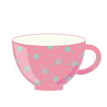 Tea cup side view decorated with design elements flat cartoon illustration. Colored mug hand drawn trendy vector design. Cute trendy crockery with handle for drink isolated on a white background