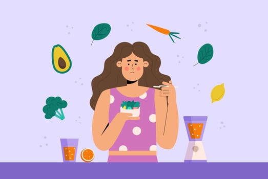 Young woman eats salad. Healthy eating concept vector