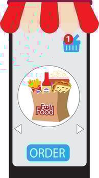 Online shopping. Smartphone turned into internet shop. Concept of mobile marketing and e-commerce. Isometric supermarket smartphone with icons of purchases. Awning above online store front door. vector