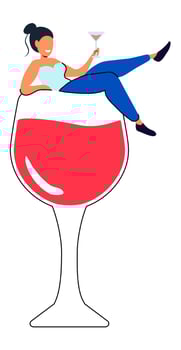 Girl on a glass of wine Happy holiday celebration with alcohol drinks festive mood and cheerful atmosphere Drunkard brain Vector illustration for booze problems, alcohol addiction, drunkard concept