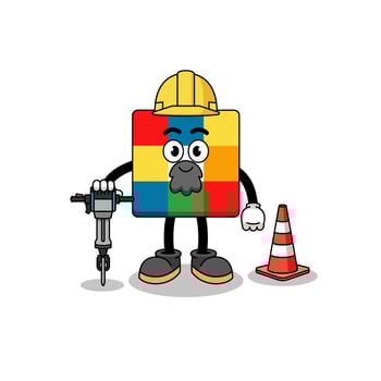 Character cartoon of cube puzzle working on road construction vector