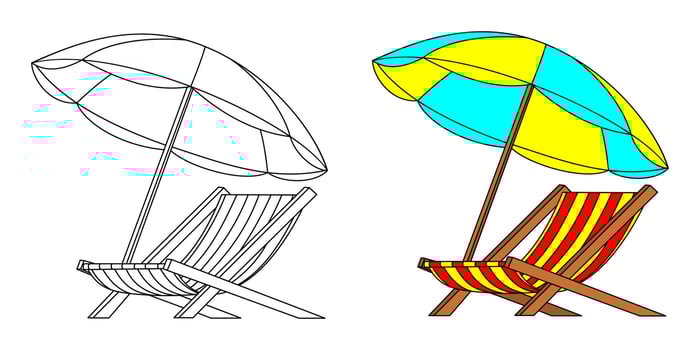 umbrellas and summer chairs, coloring book or page, vector illustration