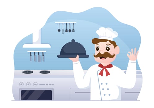 Professional Chef Cartoon Character Cooking Illustration with Different Trays and Food to Serve Delicious Food Made in Kitchen Suitable for Poster vector