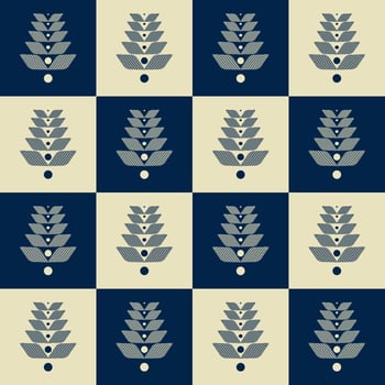 Ethnic white-cream and blue color checkered Scandinavian floral shape seamless pattern background. Use for fabric, textile, interior decoration elements, upholstery, wrapping. vector