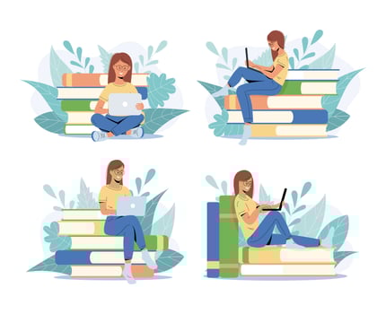 Set of four student girls studying with laptop. vector