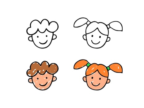Children's drawing. Hand drawn girl and boy. Vector doodle illustration.