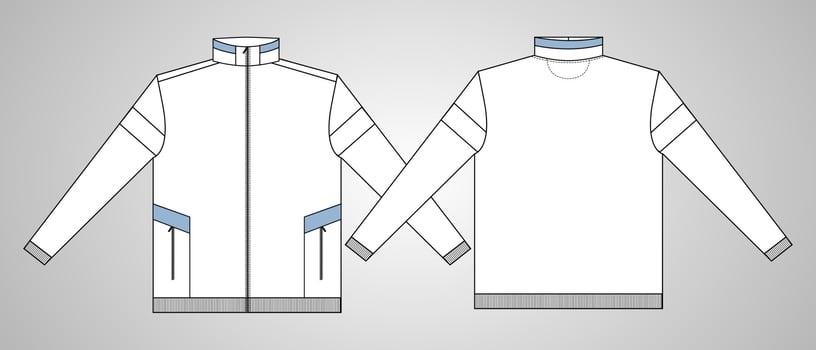 Long neck with sleeve jacket design overall technical sketch vector template in windcheater front and back view. Bomber jacket for Men's. Jacket Flat drawing vector mock up.