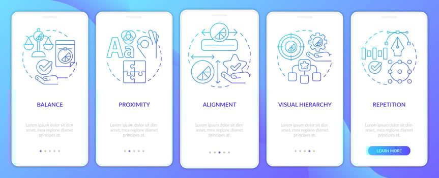 Graphic design principles blue gradient onboarding mobile app screen. Art walkthrough 5 steps graphic instructions pages with linear concepts. UI, UX, GUI template. Myriad Pro-Bold, Regular fonts used vector