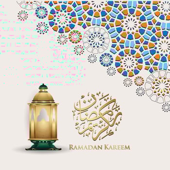 Luxurious and elegant design Ramadan kareem with arabic calligraphy, traditional lantern and Islamic ornamental colorful detail of mosaic for islamic greeting.Vector illustration. vector
