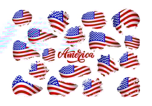 Set american flags with word America. Various forms. Grunge texture. Vector illustration. Template t shirt print, greeting card, graphic design of poster, banner of Independence day. Patriotic concept