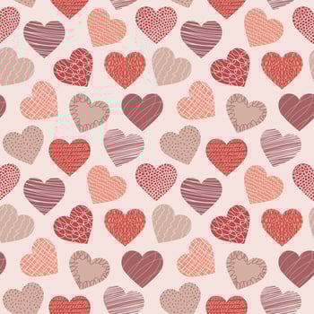 Vector geometric seamless pattern of hearts. Simple texture of hand drawn curves, lines, spirals. Contemporary trend illustration. Doodle abstract background, wallpaper. Original concept design