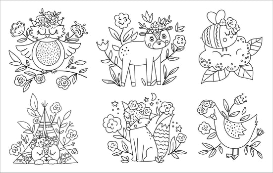 Vector black and white woodland animals, insects and birds collection. Boho outline forest compositions or coloring pages. Bohemian line fox, owl, bear, deer, goose with flowers on heads.
