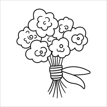 Vector black and white spring or summer bouquet isolated on white background. Beautiful line illustration with rose flowers tied with a bow. Floral decorative contour element