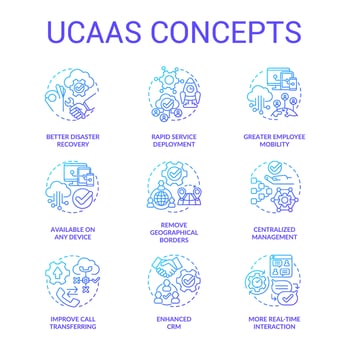 UCaaS blue gradient concept icons set. Cloud delivered unified communications model. Customer service idea thin line color illustrations. Isolated symbols. Roboto-Medium, Myriad Pro-Bold fonts used vector