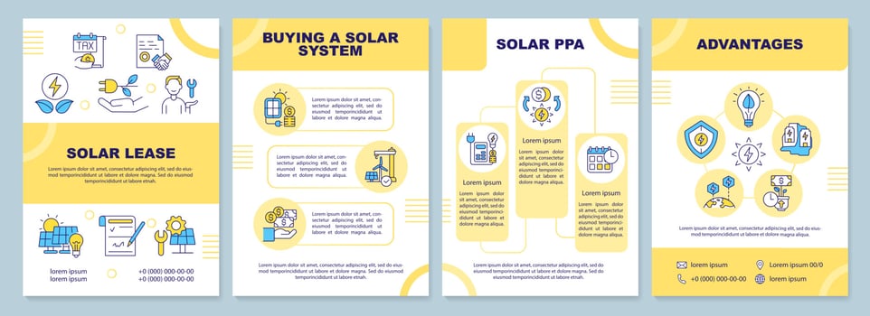 Ways to get solar energy yellow brochure template. Sustainable power. Leaflet design with linear icons. 4 vector layouts for presentation, annual reports. Arial-Black, Myriad Pro-Regular fonts used