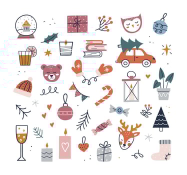 Cute Hygge Christmas set - cap, candles, tree, gift, mittens, deer. Hand drawn vector illustration. Cozy winter elements collection.
