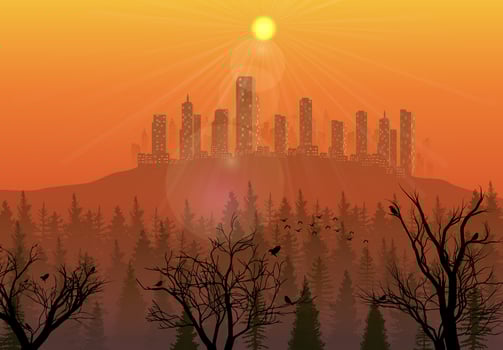 City on the hills at sunset background vector