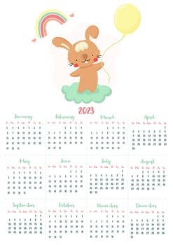 Vertical vector calendar 2023 with cute cartoon rabbit.  Funny animal character holding a balloon. The year of the rabbit according to the Chinese calendar.  Week starts on Sunday. For size A4,A3.