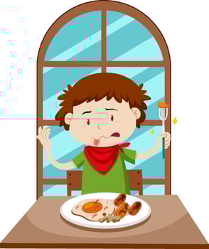 Boy eating bad food on dining table vector