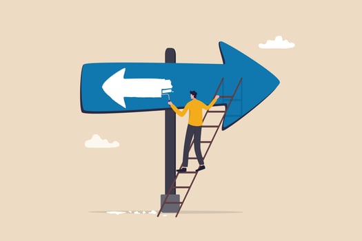 Change to opposite direction, business decision to change to better opportunity, conflict or reverse direction, career path concept, businessman painting opposite direction arrow on arrow sign. vector