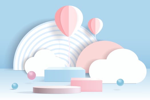 3D cylinder pedestal podium with Paper flying elements on pastel background. vector